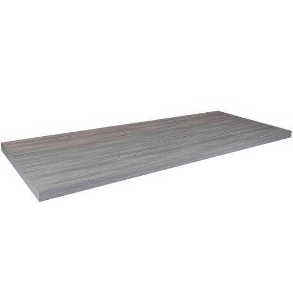 A rectangular American Tables & Seating light gray faux wood laminate table top.