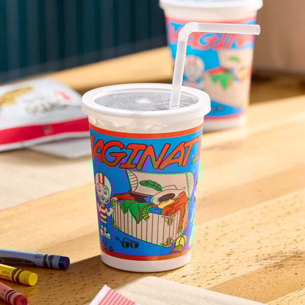 A 12 oz. kid's cup with a colorful imagination-themed print, plastic lid, and straw.