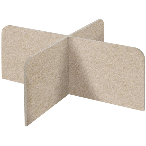 A beige rectangular SoundSorb desktop privacy panel with curved corners.