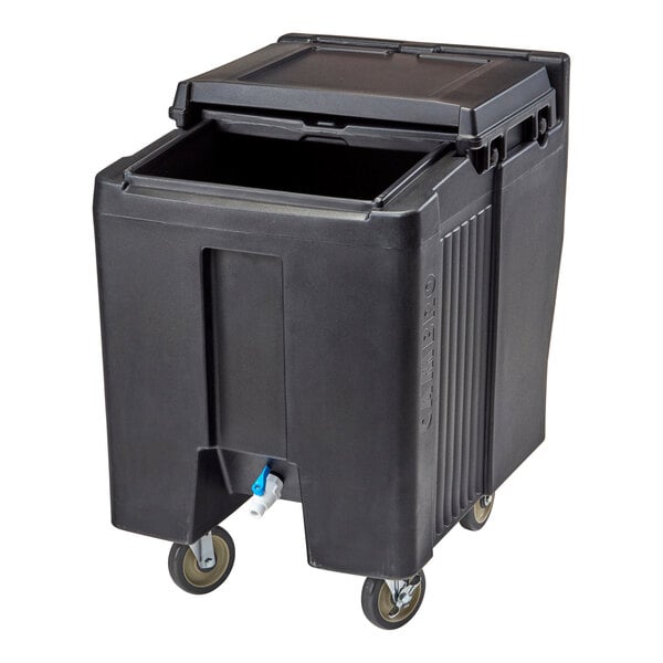 A large black mobile bin with a partially open sliding lid, four wheels, and a spout near the bottom front.