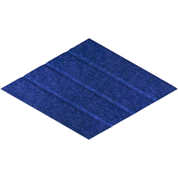 A blue rhomboid-shaped Versare SoundSorb acoustic panel with white lines on a white background.