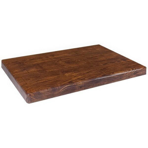 An American Tables & Seating rectangular faux wood table top with a brown finish.