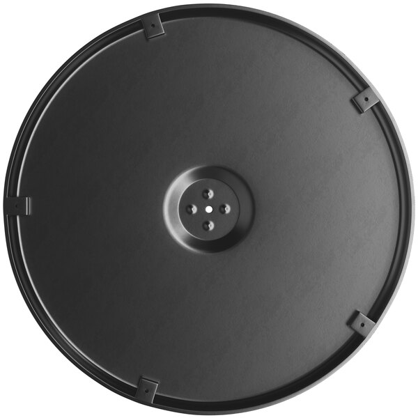 A black circular Lancaster Table & Seating table base plate with a hole in the center.