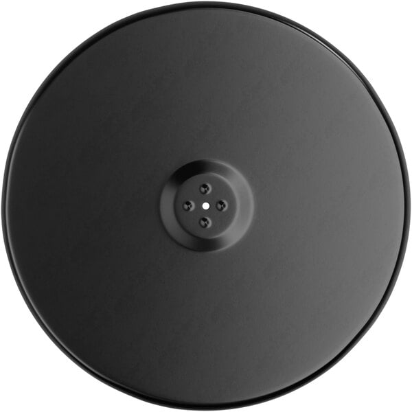 A black circular Lancaster Table & Seating table base plate with a hole in the center.