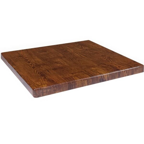 An American Tables & Seating square table top with a vintage walnut faux wood finish.