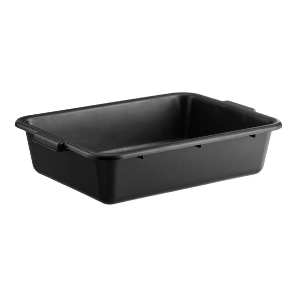 A black rectangular polypropylene bus tub or food storage box with handles on the sides.