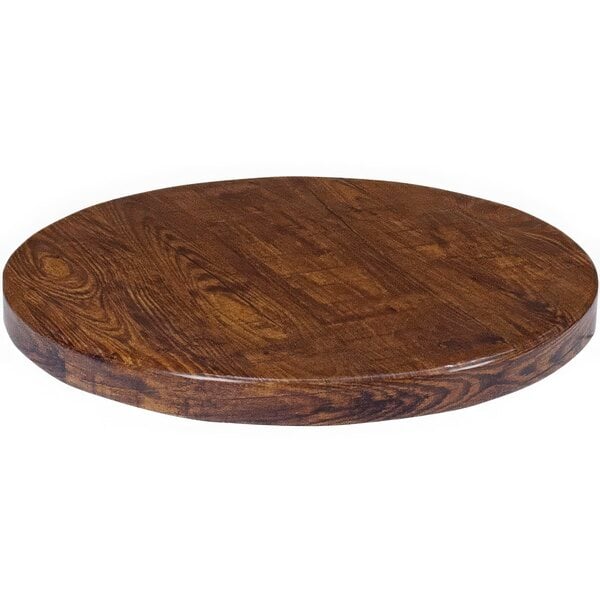 An American Tables & Seating 30" round vintage walnut faux wood table top.