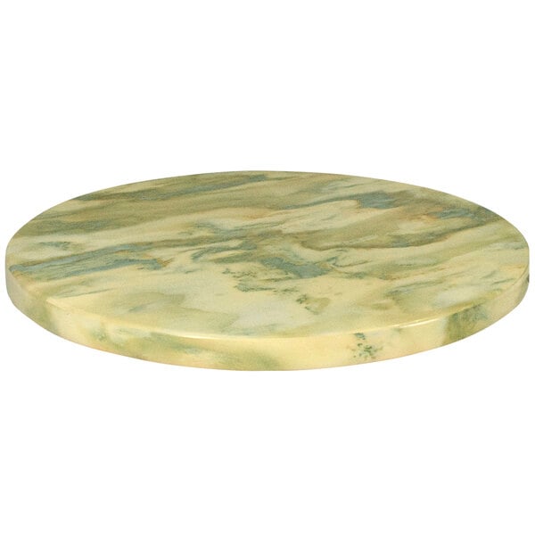 An American Tables & Seating round table top with a green and yellow marble pattern.