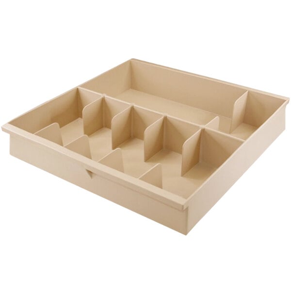 A white plastic currency tray with 7 compartments.