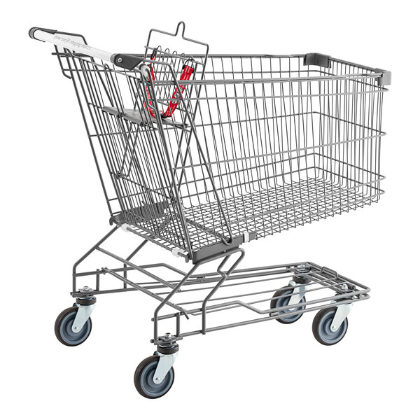 A gray metal supermarket shopping cart with a 6.3 cubic foot capacity.