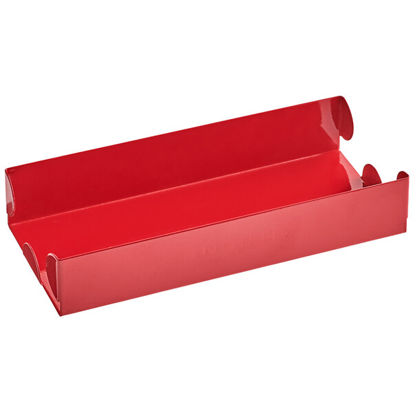 A red metal coin storage tray with a handle.