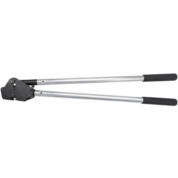 Lavex Heavy-Duty Side Action Double-Notch Sealer for 1 1/4" Strap Width, a pair of metal bars with white handles.
