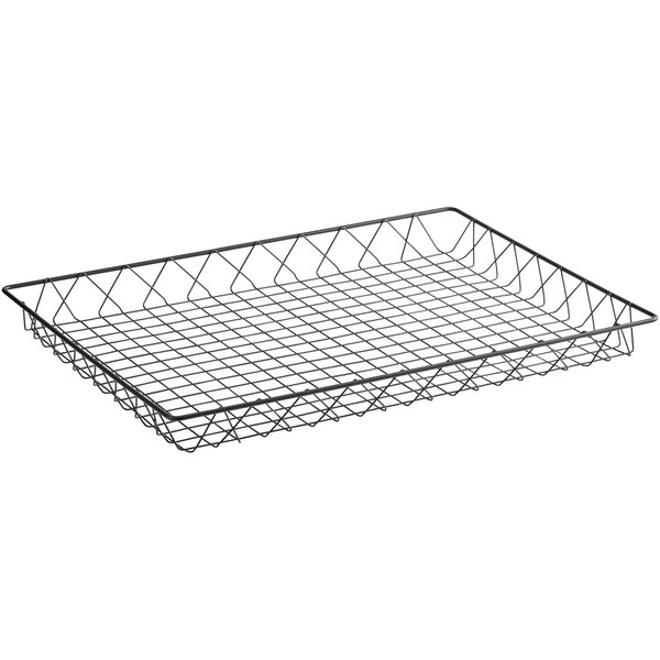 An Elite Global Solutions gunmetal gray wire basket with a wire handle on a counter.