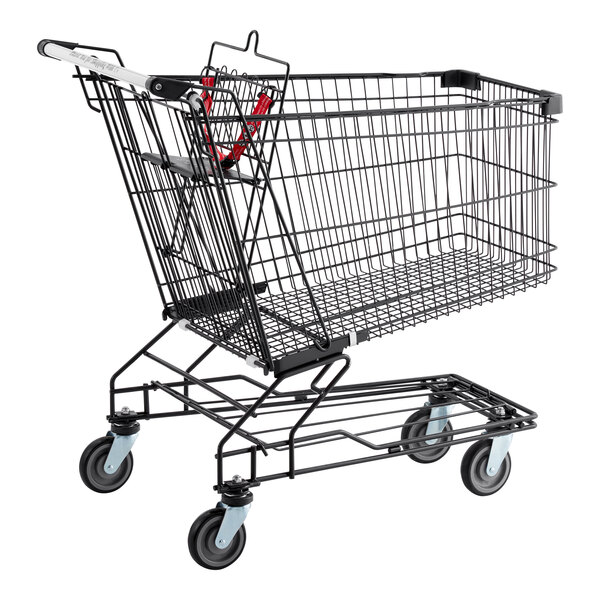 A black metal supermarket shopping cart with four wheels and a 6.3 cubic foot capacity.