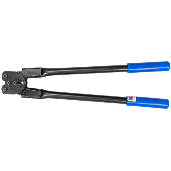 Lavex Heavy-Duty Front Action Sealer for 1/2" Strap Width with blue handles.