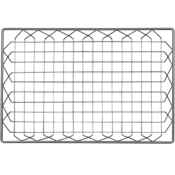 A close-up of a gunmetal gray wire mesh rectangular basket.