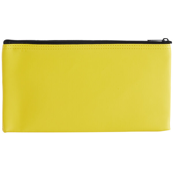 A yellow zippered bank wallet with black trim.