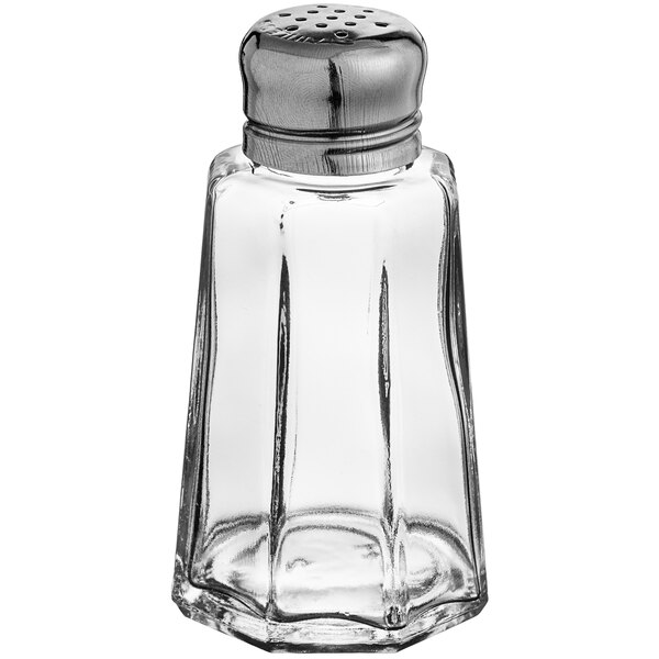 A clear glass Choice mushroom top salt shaker with a metal top.