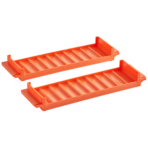 Two orange plastic Controltek USA coin trays with rows of compartments.