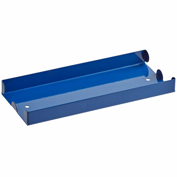 A blue metal Controltek USA coin storage tray with two rectangular holes.