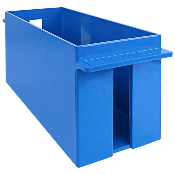 A blue plastic coin tray with two compartments and a lid.