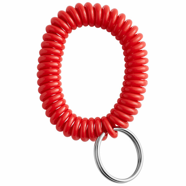 A red telephone cord wrist coil with a silver ring.