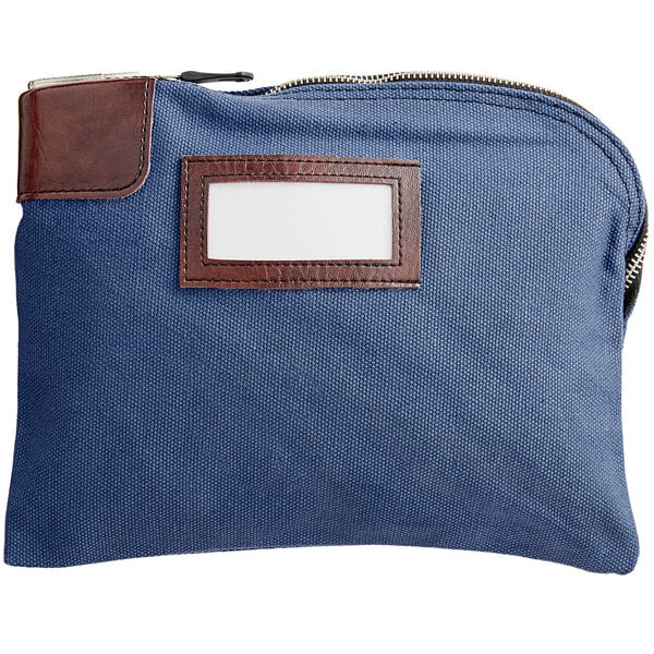 A blue nylon bank deposit bag with a brown leather strap.