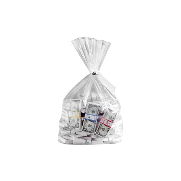 A clear plastic bank deposit bag filled with money.