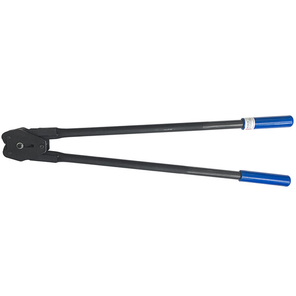 A pair of black metal Lavex Front Action Serrated Pusher Sealers with blue handles.