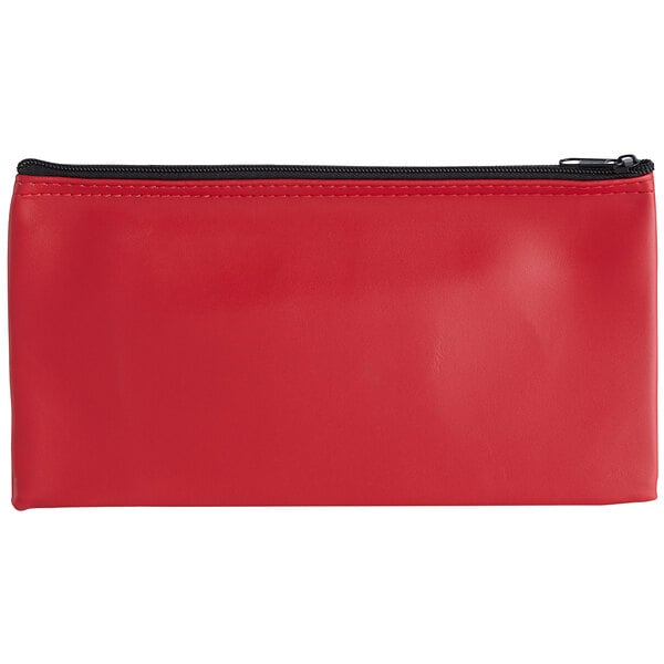 A red vinyl bank wallet with a zipper.