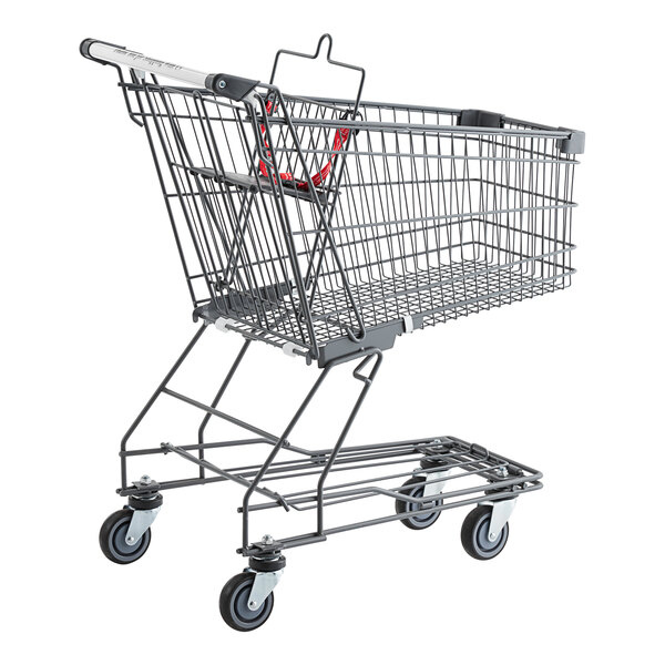 A gray metal supermarket shopping cart with a 3.5 cubic foot capacity.