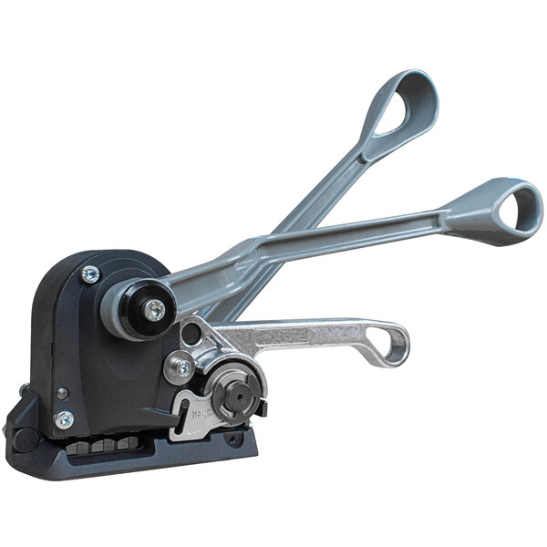 A black and grey Lavex Heavy-Duty sealless strapping tool.