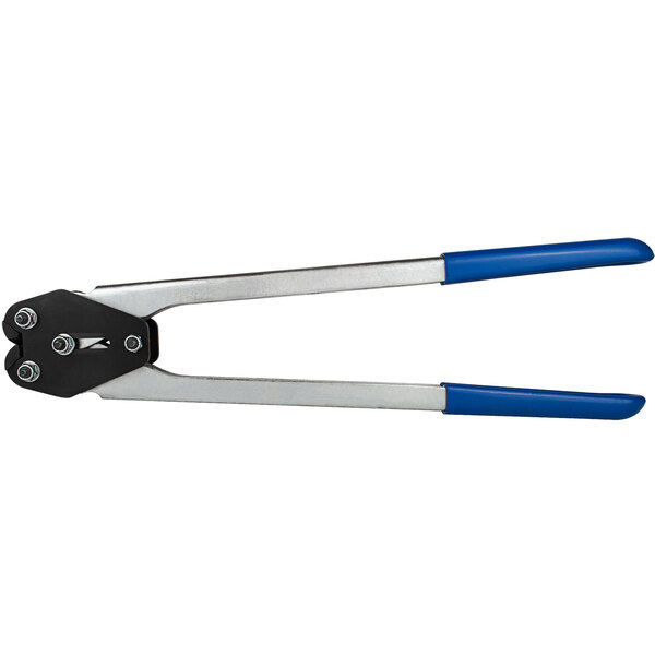 A Lavex bi-directional front action sealer for 5/8" strap width with blue handles.