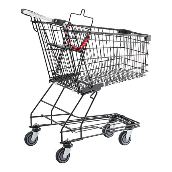 A black metal supermarket shopping cart with a 3.5 cubic foot capacity.