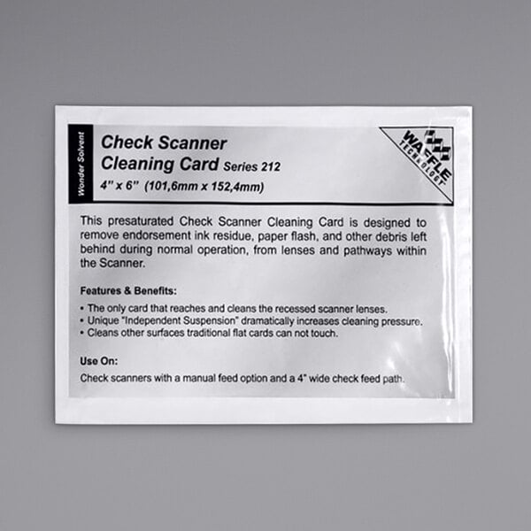 A white plastic package with a black label for Controltek USA Check Scanner Cleaning Cards.
