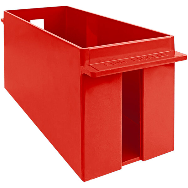 A red plastic coin tray with two compartments and a lid.