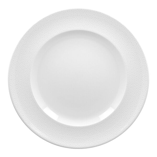 A large ivory porcelain flat plate with an embossed wide rim.