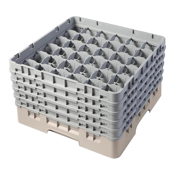 A beige and gray plastic glass rack with 36 compartments and five extenders for dishwashing or storage.