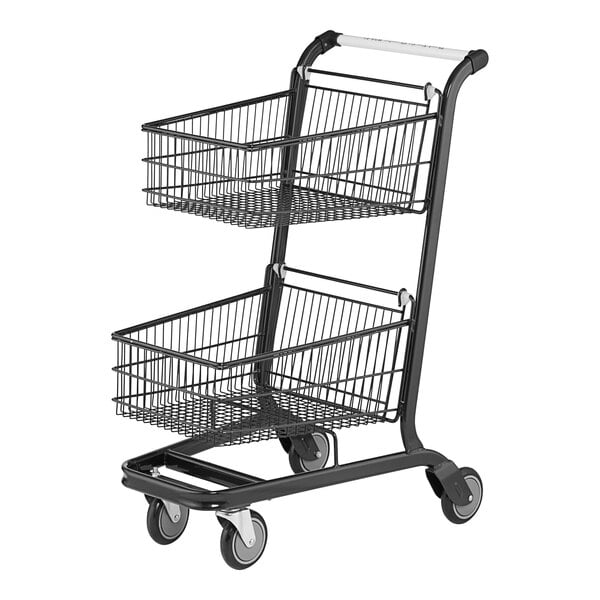 A two-tier black metal shopping cart with two wire baskets and four wheels.