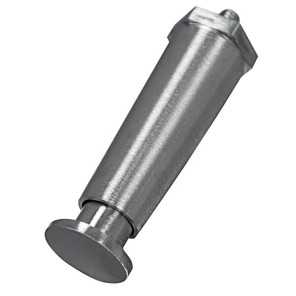 A metal cylinder with a stainless steel flanged foot and a nut.