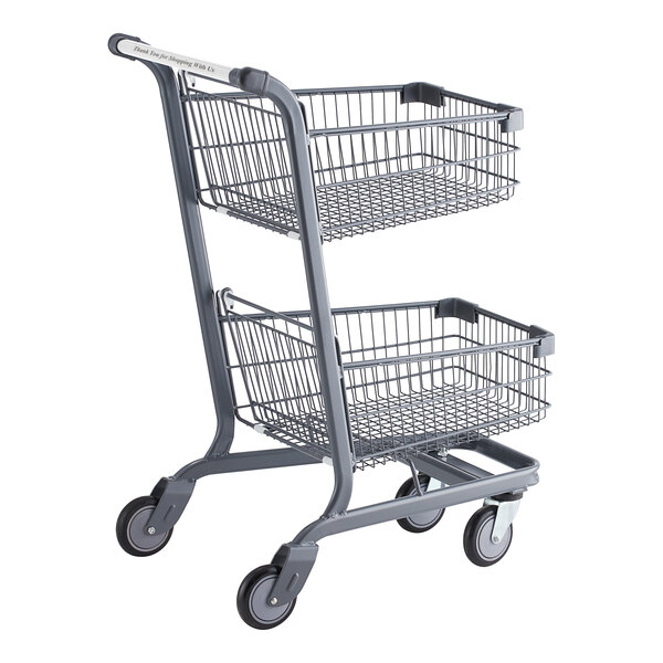 A gray two-tier supermarket shopping cart with wire baskets and four wheels.