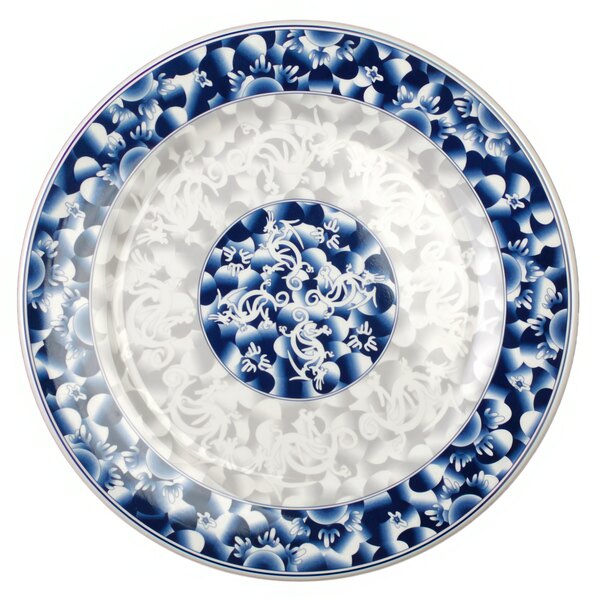 A close up of a blue and white Thunder Group melamine plate with a circular dragon design.