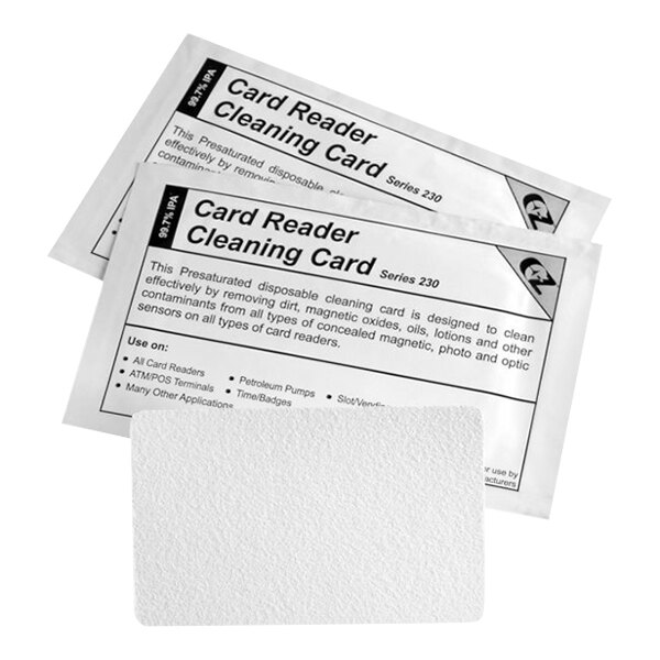 Two packets labeled 'Card Reader Cleaning Card' and one textured white card are shown.