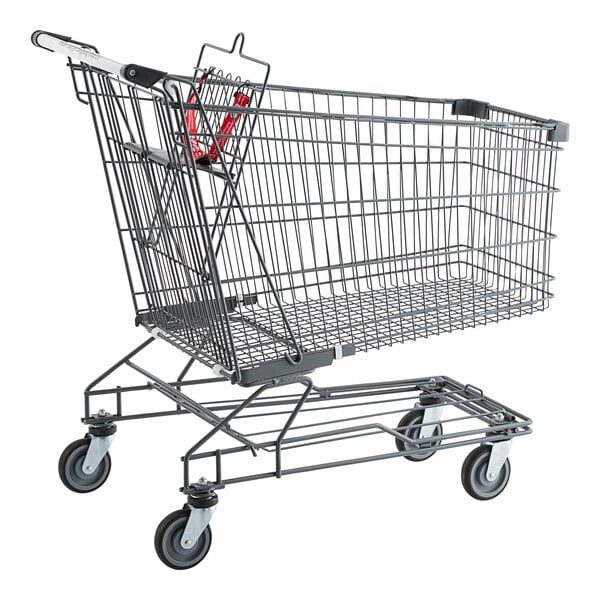 A gray metal supermarket shopping cart with a capacity of 8.5 cubic feet.
