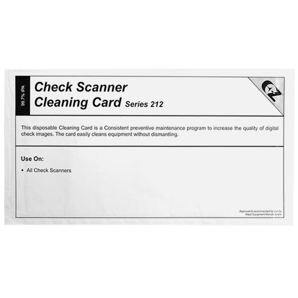 A white rectangular card with black text for cleaning check scanners.