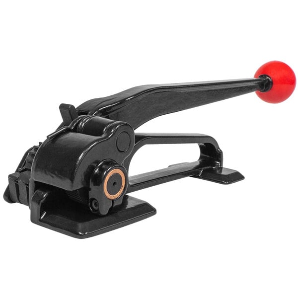 A black metal Lavex Economy Feedwheel Tensioner with a red ball.
