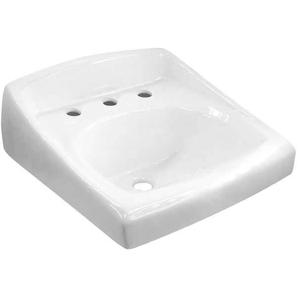 A white vitreous china wall mounted sink with three holes.