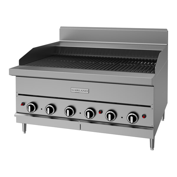 A stainless steel 36-inch ceramic briquette charbroiler with multiple control knobs and a raised back panel.
