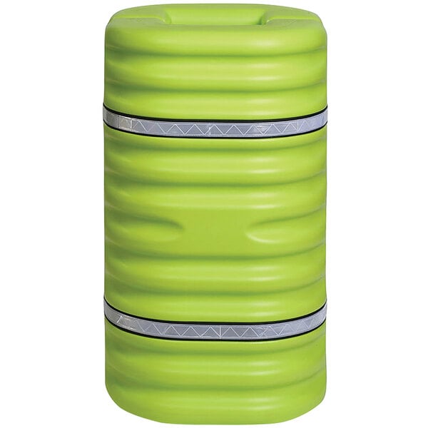 A lime green cylinder with silver stripes.