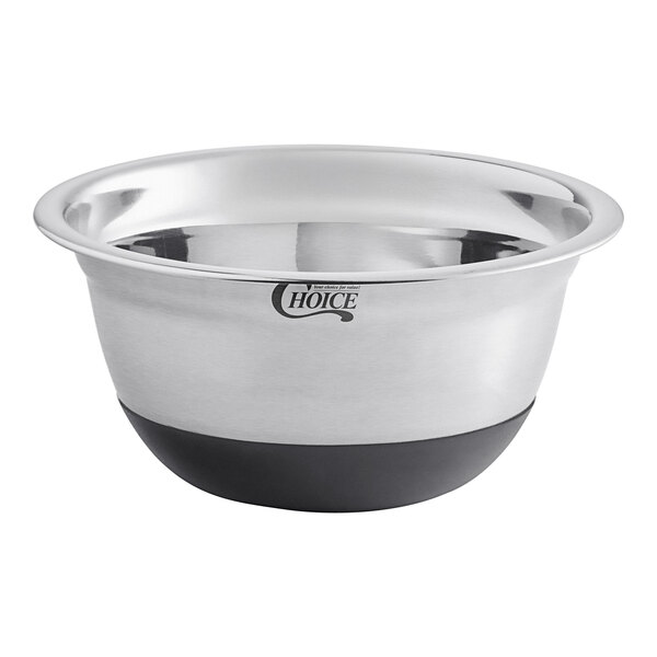 A silver stainless steel mixing bowl with a black rim and black silicone bottom.